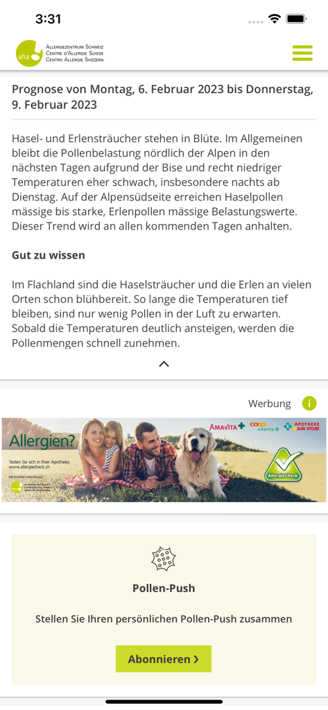 Pollen-News - Screenshot of the Pollen-News app showing a Swiss pollen forecast and a personal push notification setup section