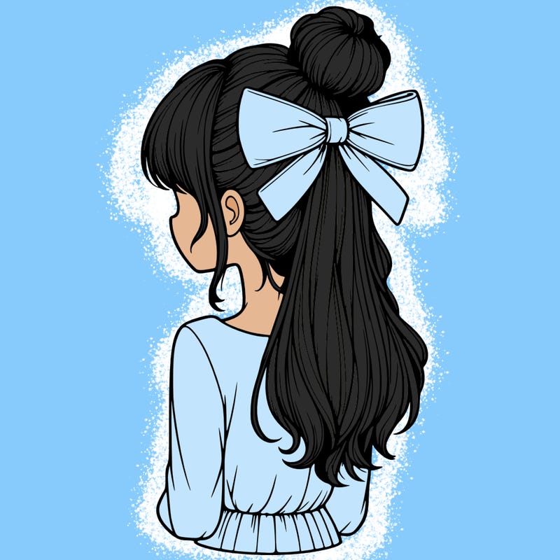 realistic girl  with hip length hair a bun and a big bow on the back of head