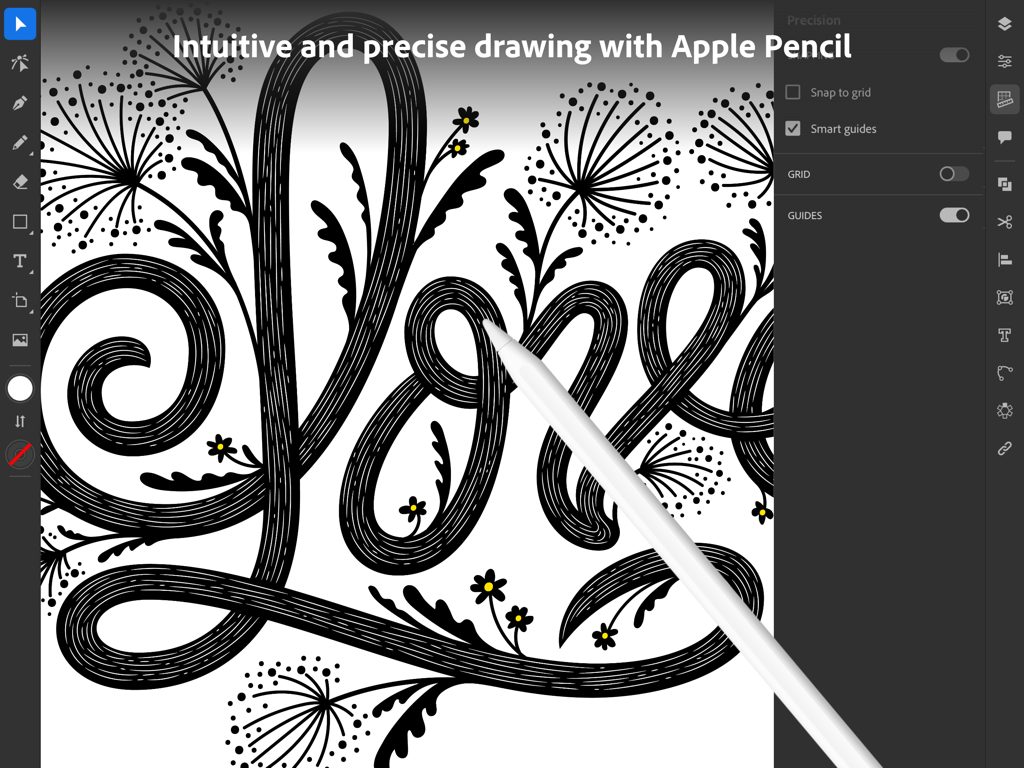 Graphic designer using Apple Pencil to create precise vector art in Adobe Illustrator on an iPad.
