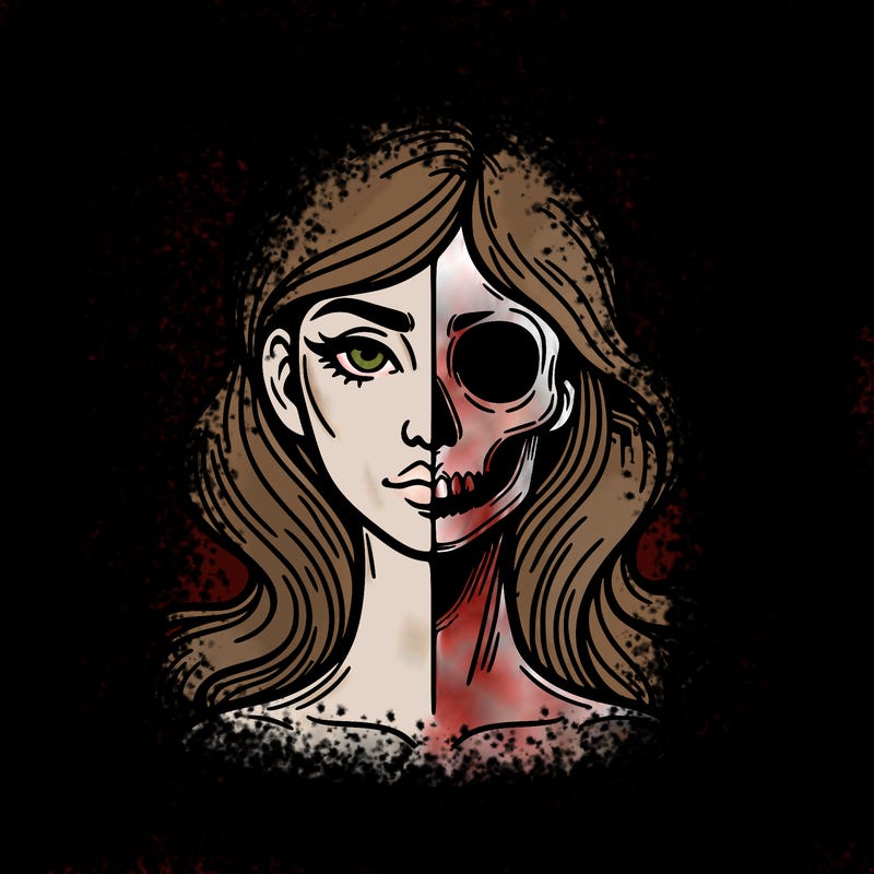 bust of a woman, half face and hair, half skull