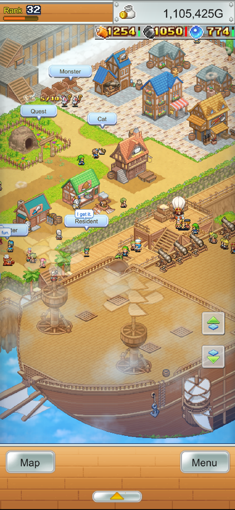 Pixel art gameplay screenshot of Skyship Quest Story showing a floating island village with buildings and a large wooden airship