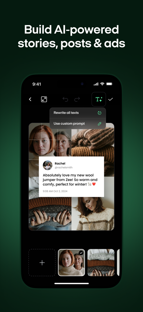 Mobile Benutzeroberfläche von Zeely zum Erstellen von KI-gestützten Story-Posts und Anzeigen