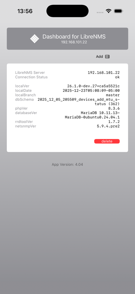 Dashboard for LibreNMS - Detailed view of a LibreNMS server connection status and system versions.