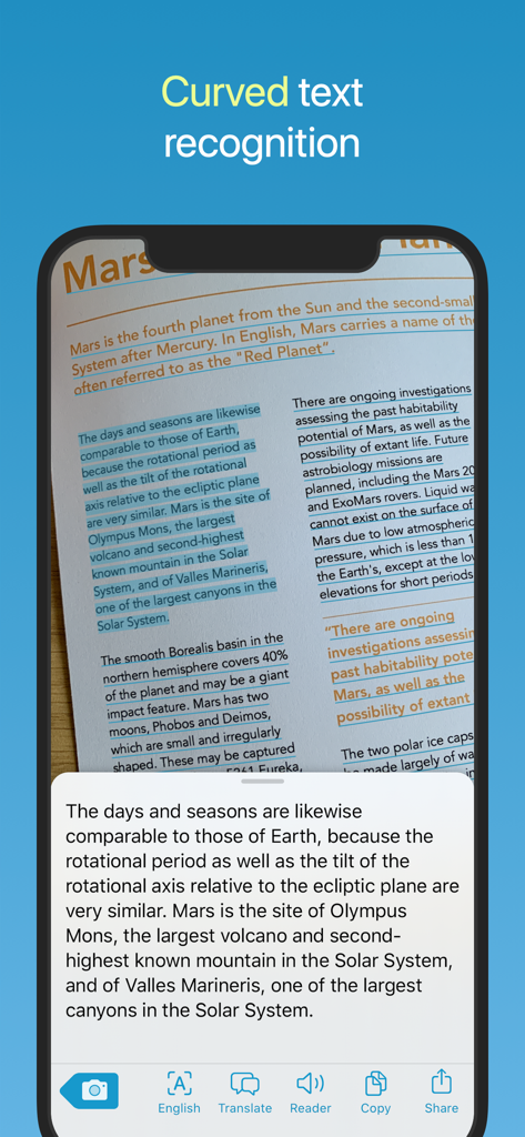 Captura de pantalla de la aplicación Prizmo Go que muestra el reconocimiento de texto curvo en la página de un libro sobre Marte
