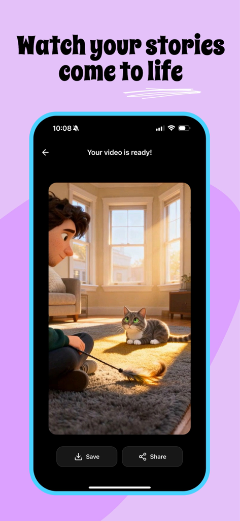 Taffy - animate your life - Interface do aplicativo Taffy mostrando um filme animado de IA concluído de um menino brincando com um gato