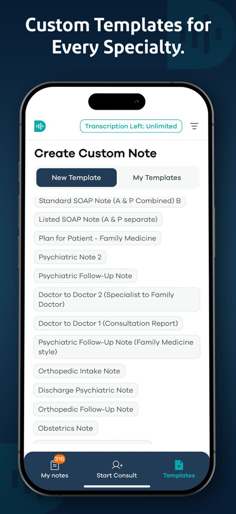 Dorascribe - Dorascribe mobile app interface displaying a list of custom medical note templates for various specialties.