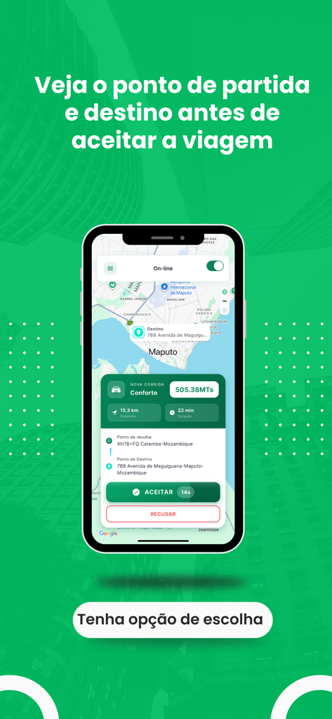Rucca - Para Motoristas - Rucca driver app interface displaying a new trip request with route details and accept or refuse buttons