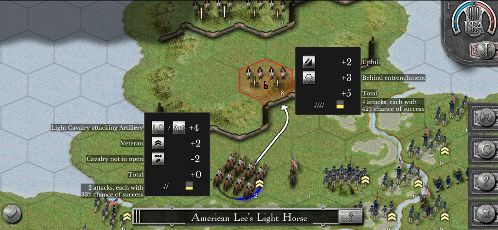 Rebels and Redcoats Gold - A detailed combat analysis screen in Rebels and Redcoats Gold showing tactical modifiers for a cavalry attack on a hex grid map