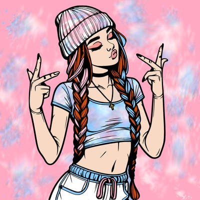 realistic teenage girl with braids and a beanie and crop top doing 🫶🏼