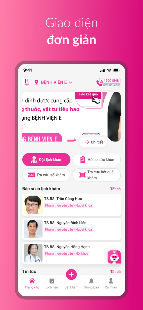Bệnh Viện E app home screen with options for booking medical appointments and viewing health records