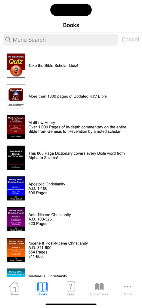 Bible Scholar Interactive - Una lista de materiales de estudio teológico en la aplicación Bible Scholar Interactive, incluyendo comentarios e historia de la iglesia.