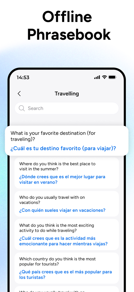AI Translator - Translate AI - AI Translator app interface showing the offline phrasebook feature with travel-related English to Spanish translations.