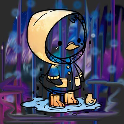 baby duck in a rain coat and boots, in a puddle while it’s raining