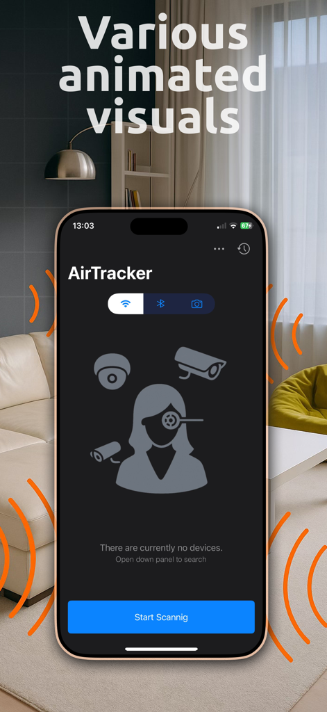 Device Detector - Spy Finder - Interfaz de la aplicación Device Detector que muestra un escaneo de cámaras y señales ocultas con un botón Iniciar Escaneo sobre un fondo de sala de estar