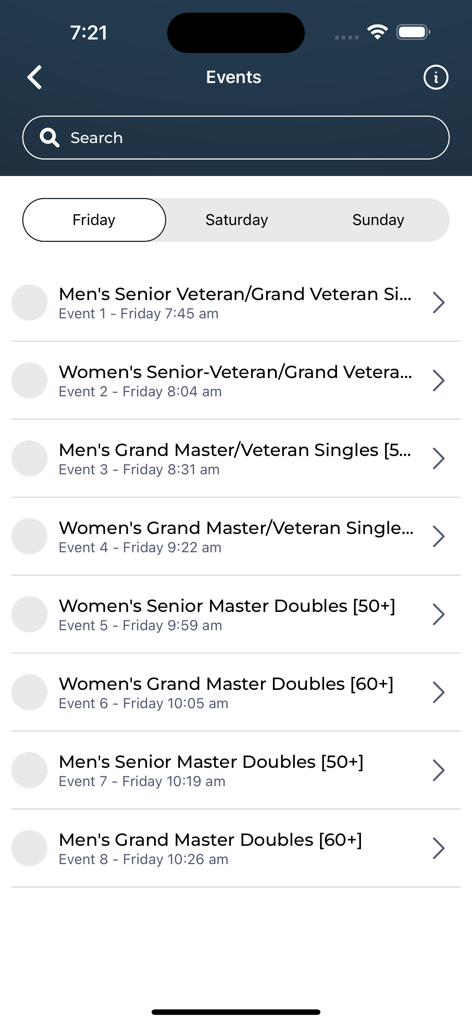 HOCR app screen showing the Friday rowing events schedule with race times and categories