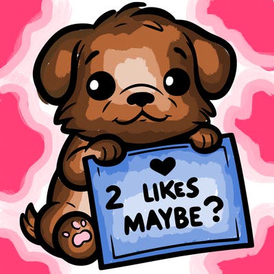 a puppy holding a sign that says 2 likes maybe?