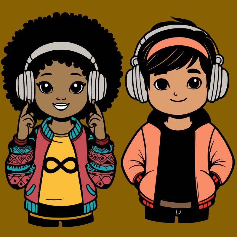 an afroamerican girl with headphones and a boy with headphones, they have an ♾️ symbol on their shirt