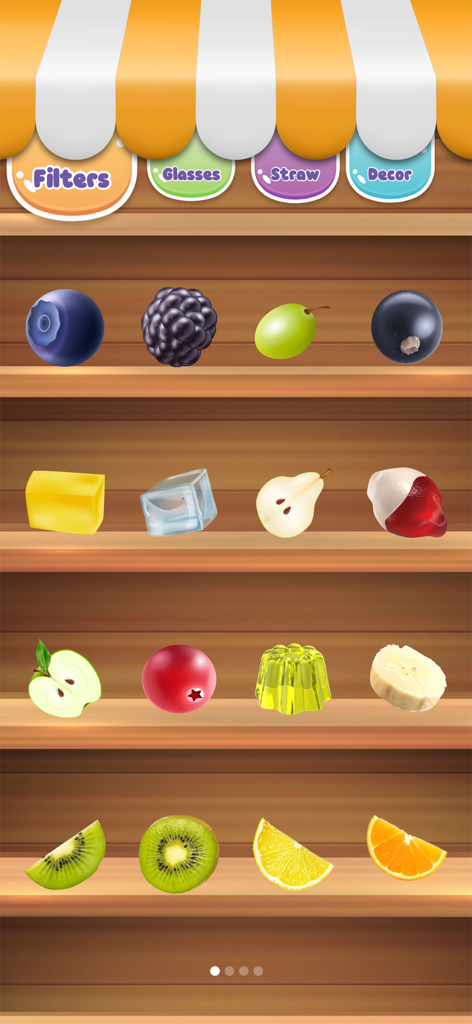 Drink & Make Boba Bubble Tea - Un menú de selección de toppings y ingredientes de frutas en estantes de madera en un juego de simulación de té de boba