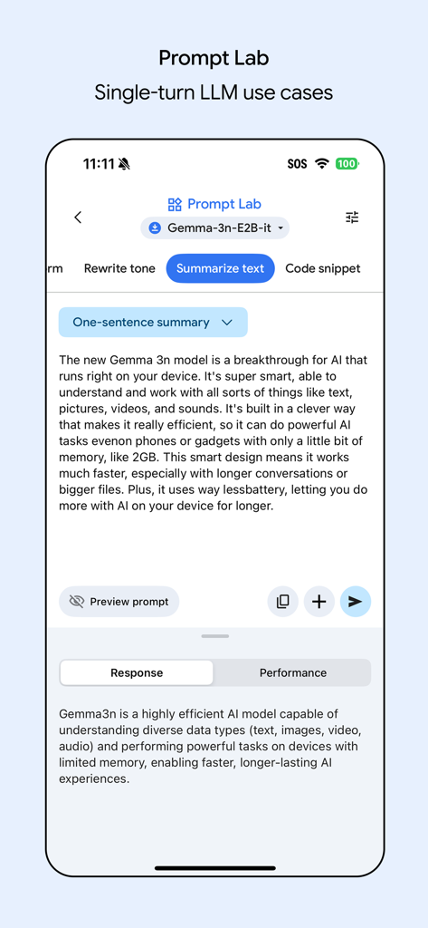 Google AI Edge Gallery - Interface of the Google AI Edge Gallery app showing the Prompt Lab feature summarizing a paragraph of text using the Gemma local model.