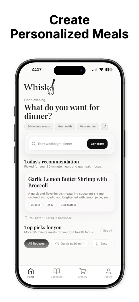 Whisk - AI Meal Planner - Interface do aplicativo Whisk AI Meal Planner mostrando recomendações personalizadas de jantar e uma barra de pesquisa para gerar receitas.