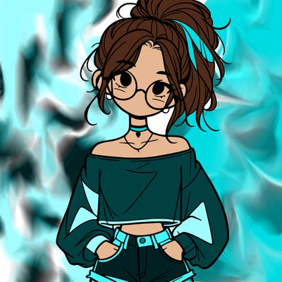 girl with a messy ponytail glasses a baggy crop top and jean shorts