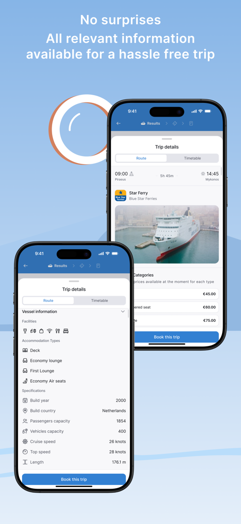 Openferry: Ferry Tickets - Screenshot dell'app Openferry che mostra informazioni dettagliate sul viaggio in traghetto e specifiche dell'imbarcazione.