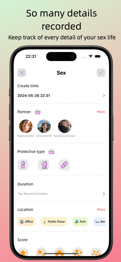 모바일 앱 화면으로 파트너 보호 및 위치와 같은 친밀도 세부 정보를 추적합니다.