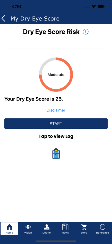 Eye Patient - Pantalla de resultados del puntaje de ojo seco de la aplicación Paciente Ocular que muestra una evaluación de riesgo de ojo seco con una puntuación moderada de 25 en un medidor circular.