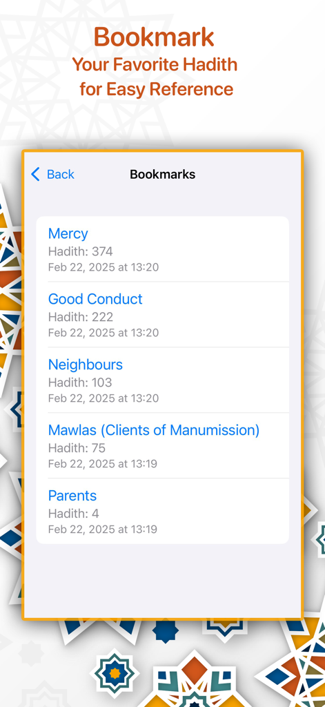 Al-Adab al-Mufrad - The Bookmarks screen of the Al-Adab al-Mufrad app showing a list of saved hadiths categorized by topics like Mercy and Good Conduct.