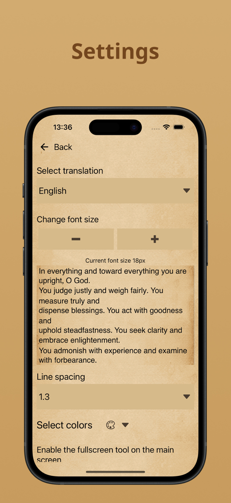 Settings screen for the Matyan Voxbergutyan Narekatsi app showing translation and font customization options.