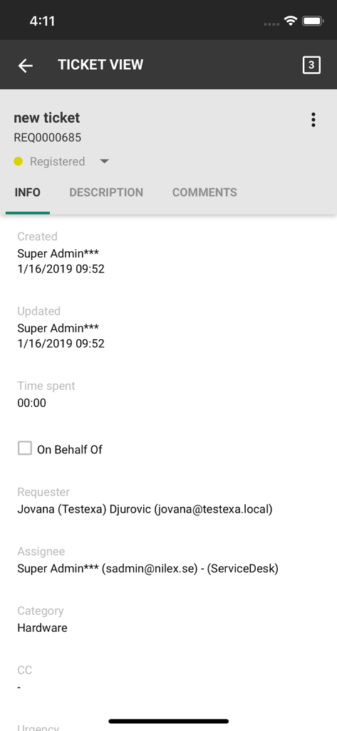 Nilex Service Platform - Nilex Service Platform mobile app showing a detailed IT support ticket view with requester and category information