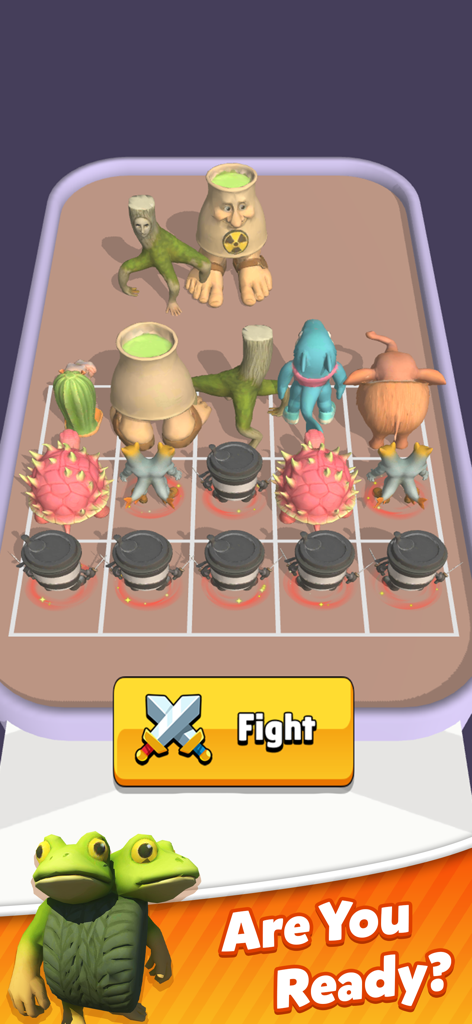 Italian Meme Game:Merge Runner - Gameplay screen showing a grid of surreal meme characters and a yellow fight button