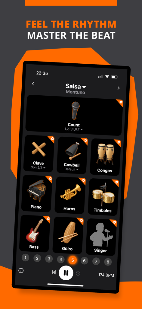 Salsa Rhythms - BeatLab - Salsa Rhythms BeatLab app interface showing interactive salsa instrument controls and beat tracking