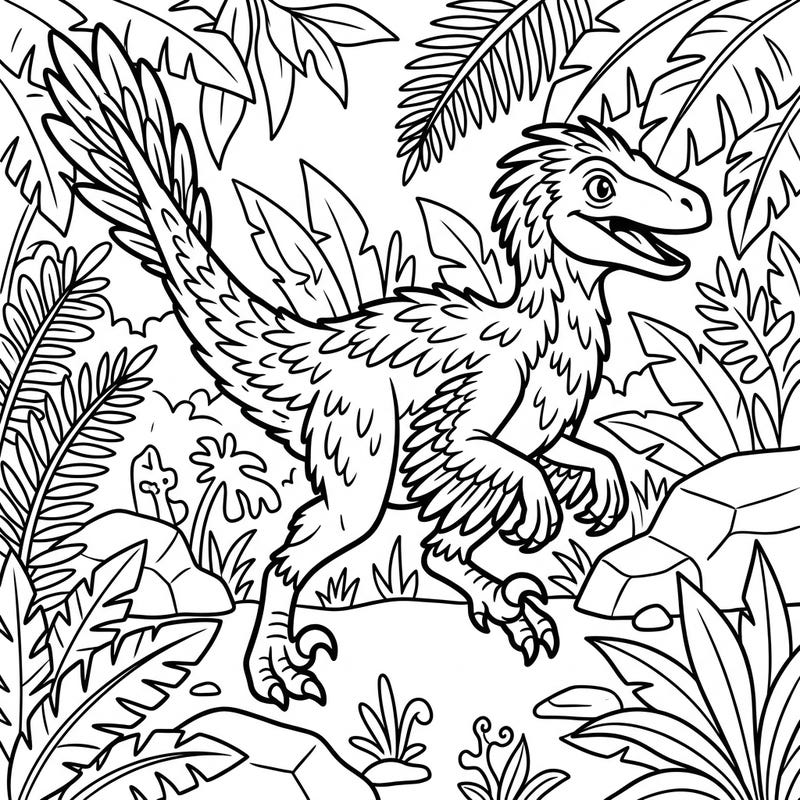 Step back in time and meet a friendly feathered Velociraptor ready for an explosion of color! This engaging coloring page is designed specifically for kids, featuring a playful dinosaur amidst lush prehistoric foliage.
