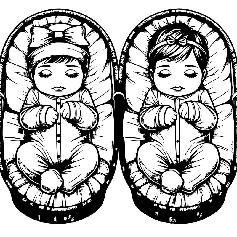 realistic newborn baby boy and girl twins in bassinets girl wearing a headband bow and boy is wearing a baby newborn hat, both wearing baby sleeper onesies