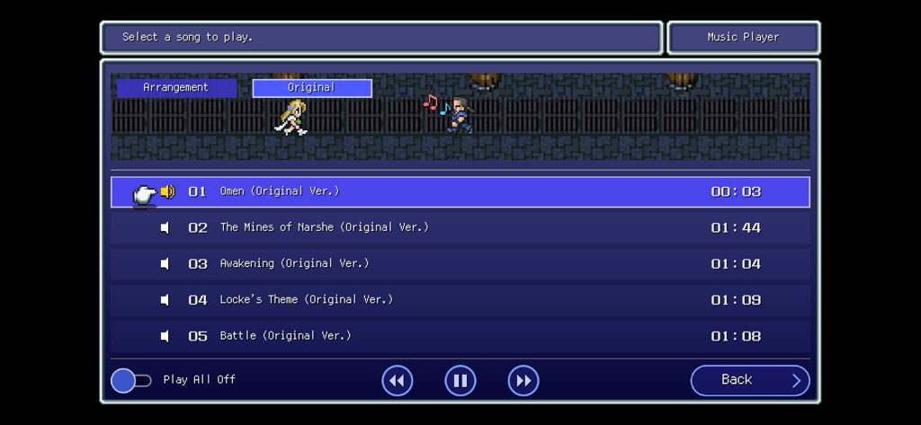 FINAL FANTASY VI - Der Musikplayer-Bildschirm in Final Fantasy VI Pixel Remaster, der eine Liste von Original-Soundtrack-Songs und Pixelgrafik-Charakteren anzeigt.