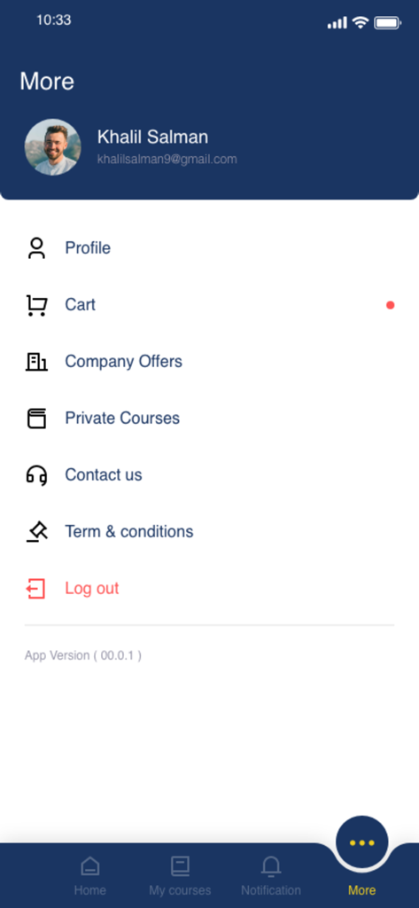 The settings and profile menu screen of the Tfaseel educational app