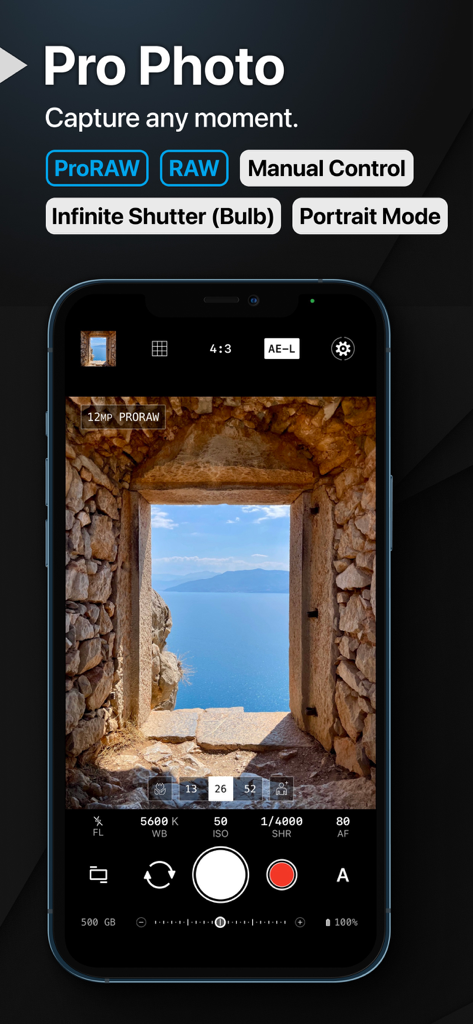 ProShot app interface showing manual camera controls and ProRAW support on an iPhone screen.