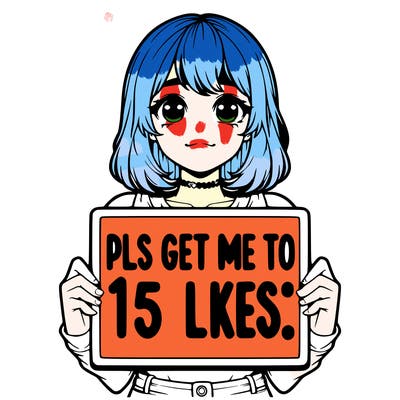 realistic girl holding up a sign that says “pls get me to 15 likes!”