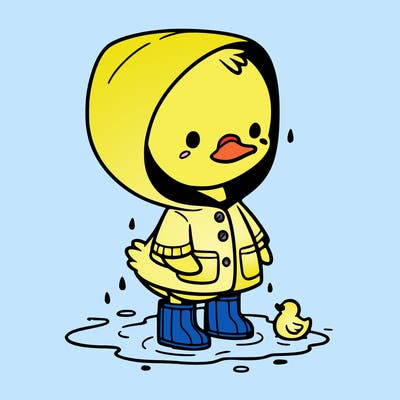 baby duck in a rain coat and boots, in a puddle while it’s raining