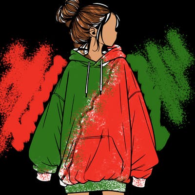 realistic girl with a oversized sweatshirt on and a bun