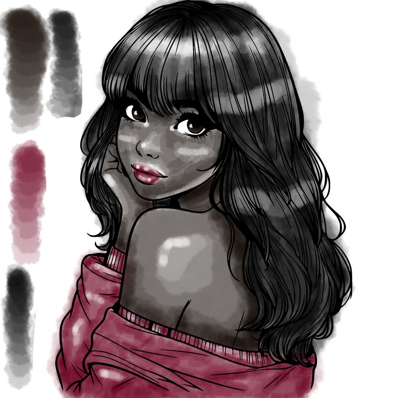 realistic girl with bangs looking over her shoulder