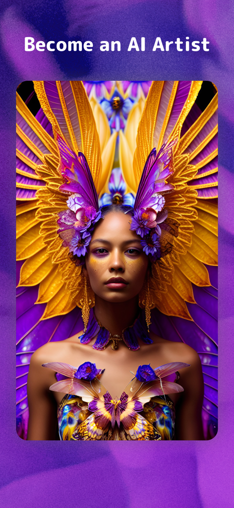 Colorful AI-generated portrait of a woman with butterfly wings from Dreamy app