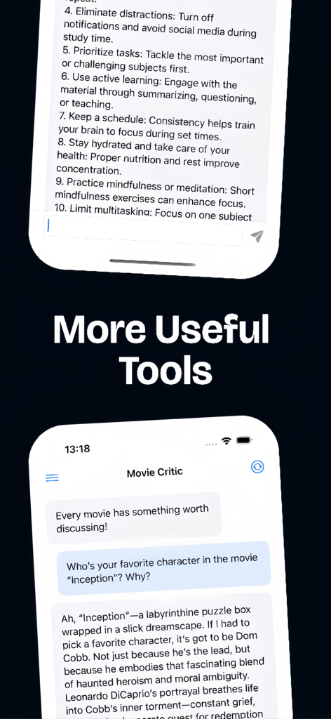 ChatAIPro: Ask Anything AI - Interface of ChatAIPro showing productivity study tips and a conversation with an AI movie critic character