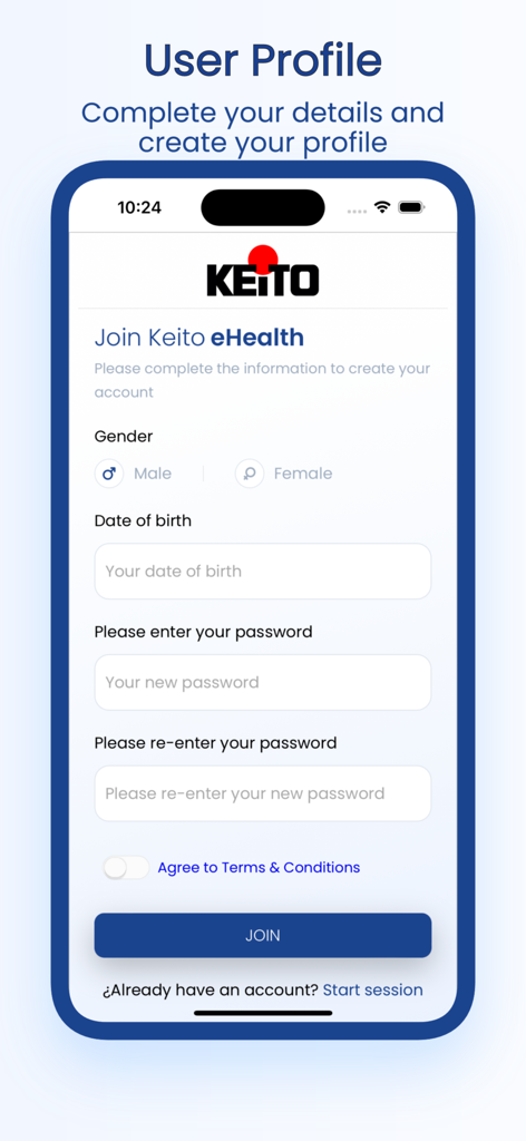 Keito eHealth - Keito eHealth app registration and user profile creation screen