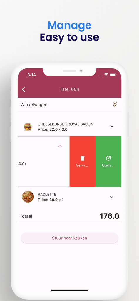 Resto Cerme - Interface do aplicativo Resto Cerme mostrando o gerenciamento de pedidos para uma mesa de restaurante, incluindo edição de itens e envio para a cozinha