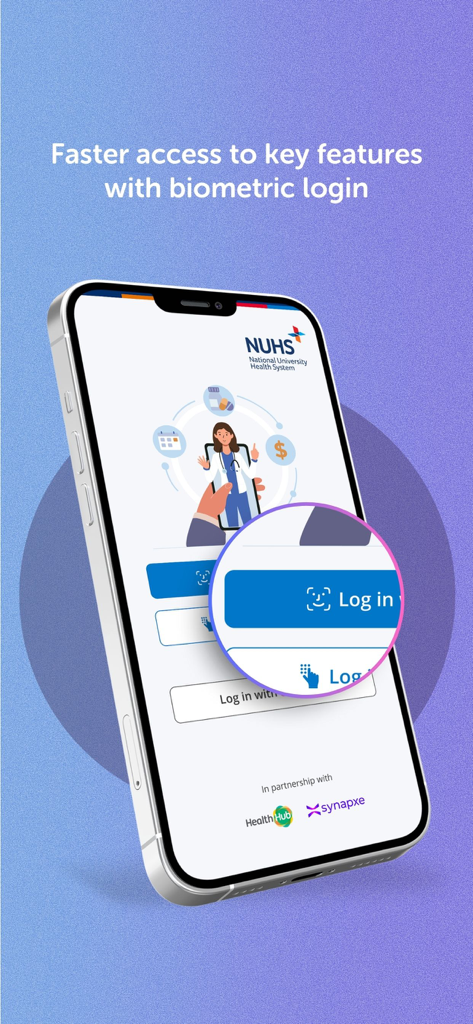 NUHS App biometric login screen with face recognition feature