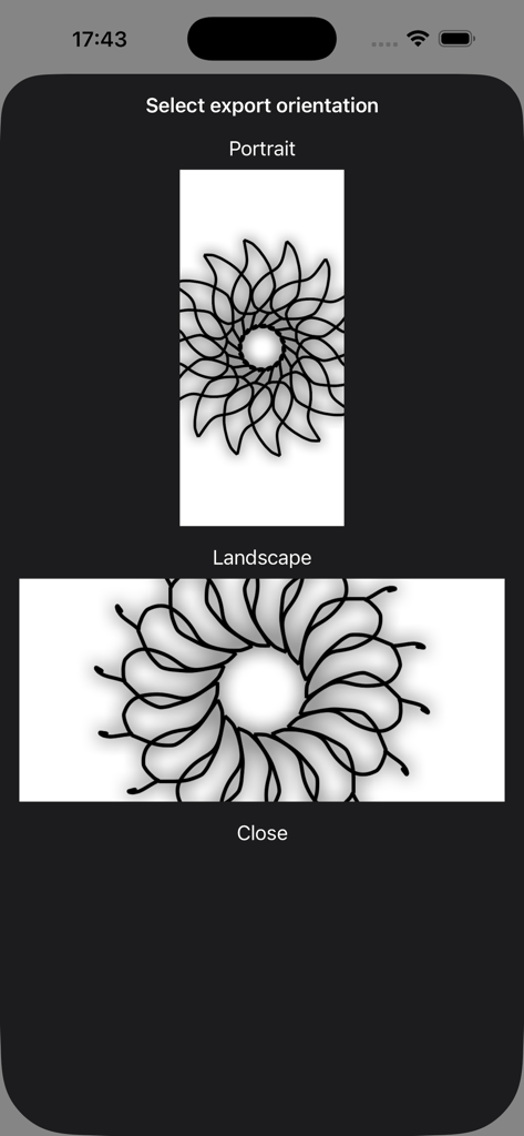 Mirror Drawing Studio - App screen showing portrait and landscape export orientation options for a symmetrical mandala drawing.