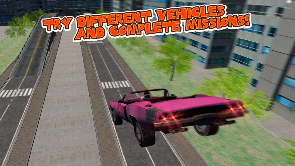 Turbo Crash Test Simulator 3D - A pink car performing a mid air stunt in a city environment in Turbo Crash Test Simulator 3D
