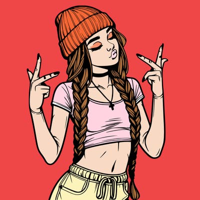 realistic teenage girl with braids and a beanie and crop top doing 🫶🏼
